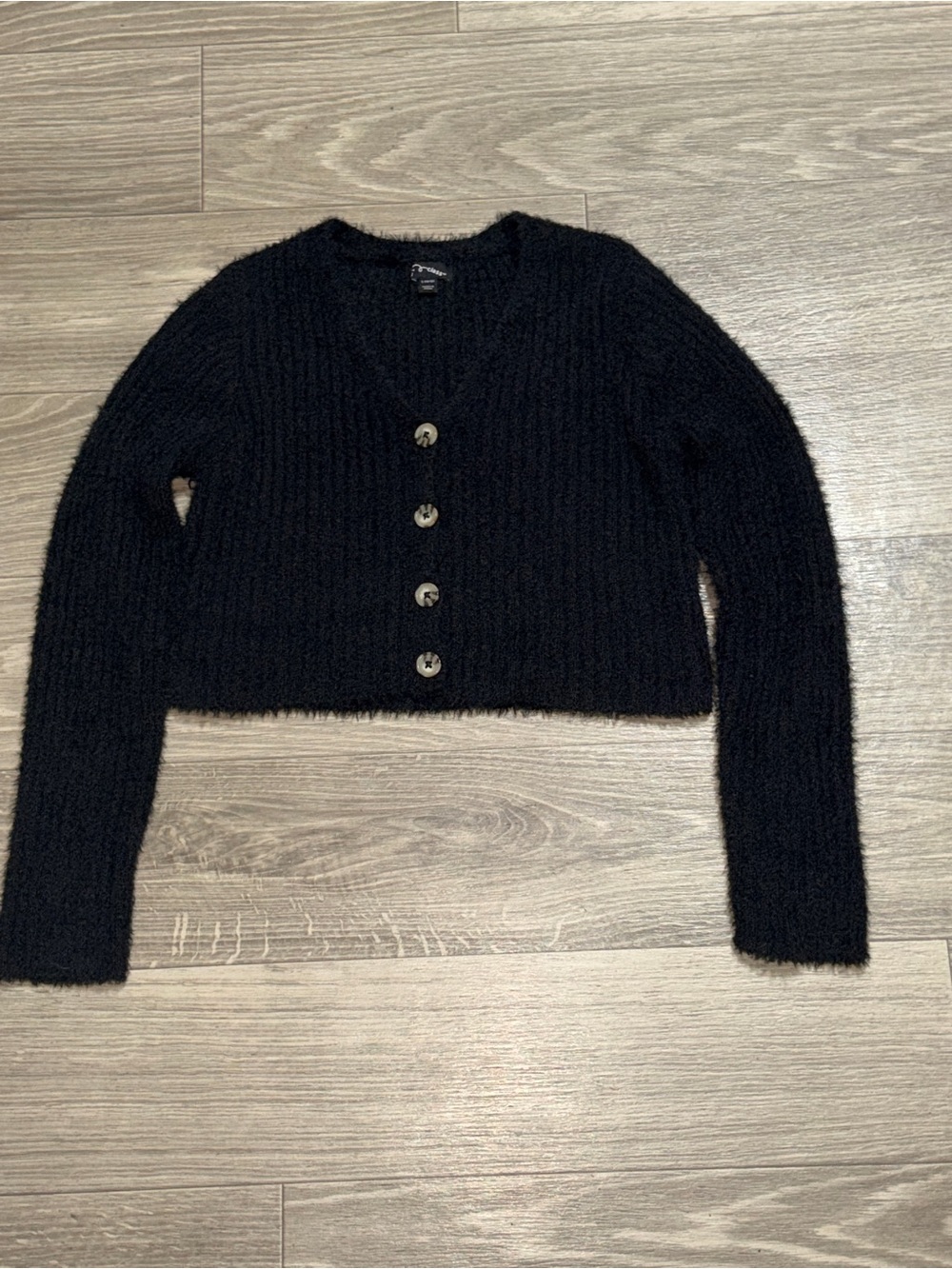 art class Black Fuzzy V-Neck Button Cropped Cardigan